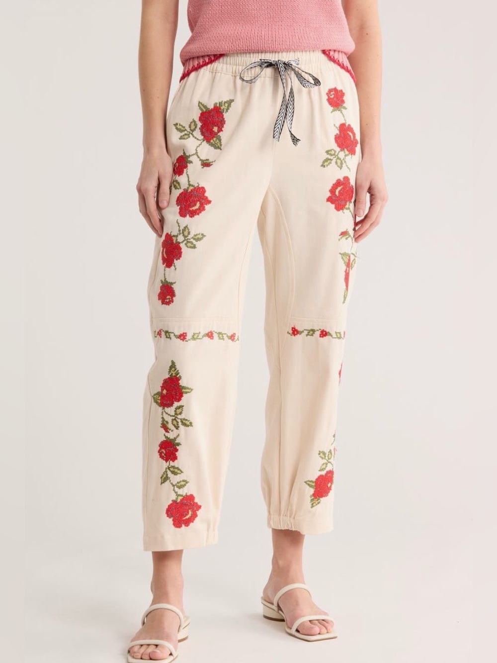 DR2 Floral Cotton Pants — Cream/Ivory — NWT